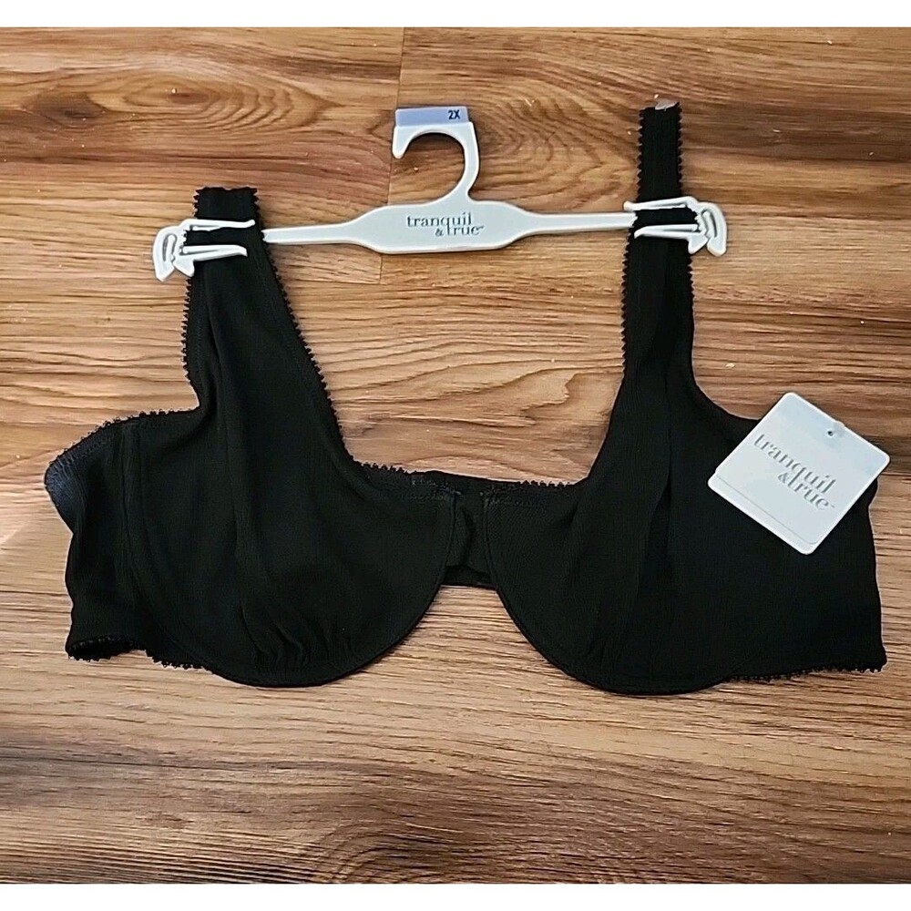 Tranquil & True Black Ribbed Underwire Bra 2X Soft Unlined Cups Rayon/Spandex